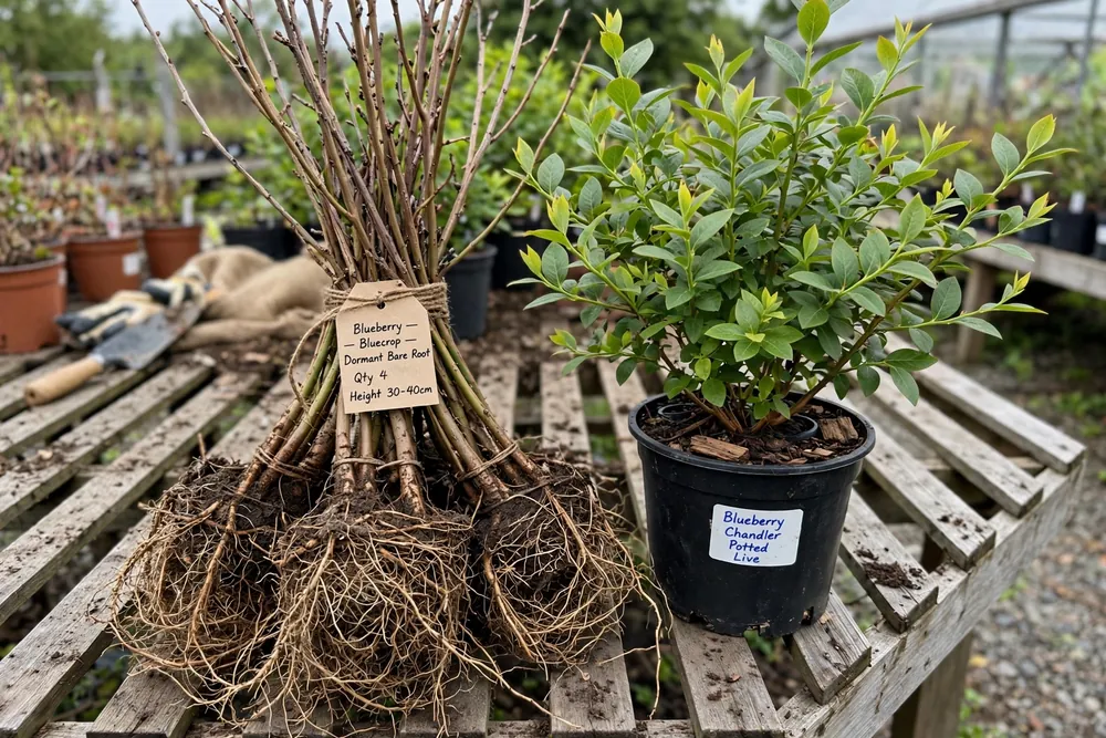 Dormant bare-root blueberry plants bundled at a nursery