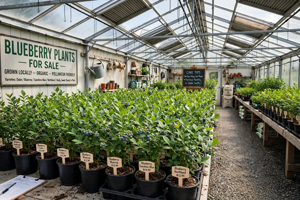 Rows of potted blueberry plants in a nursery greenhouse