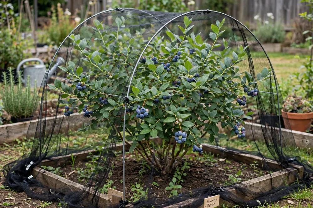 A blueberry bush netted on a hoop frame to keep birds off the ripening crop