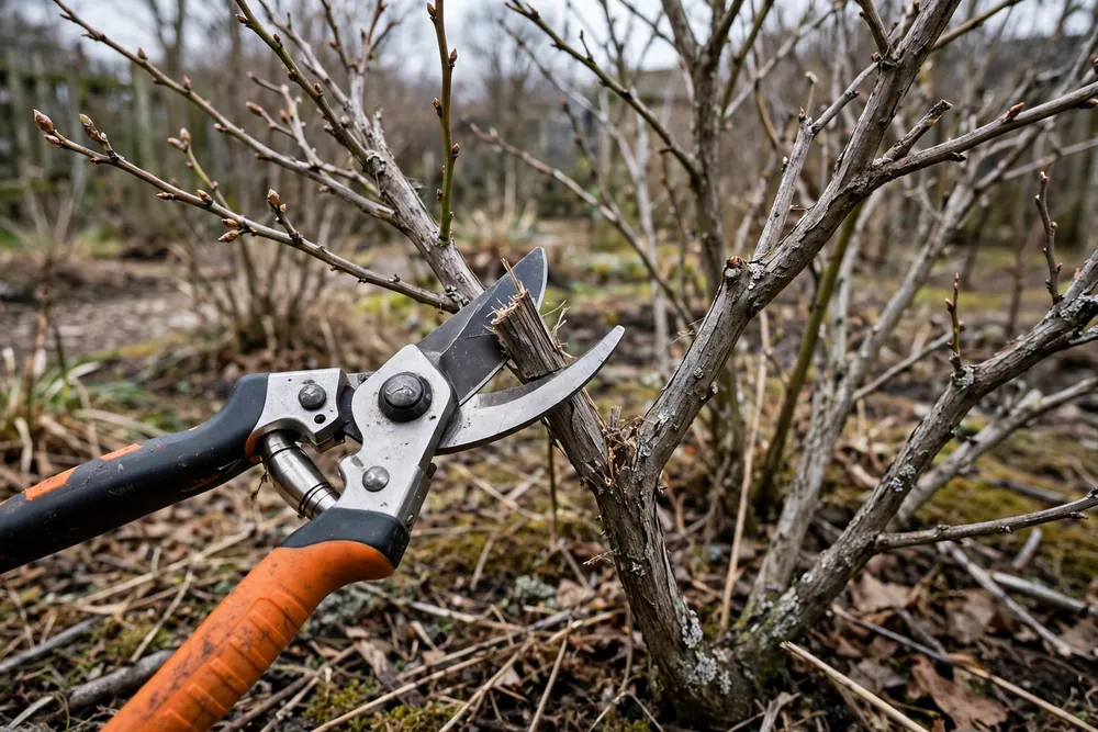 Pruning shears cutting an old gray cane from a dormant blueberry bush