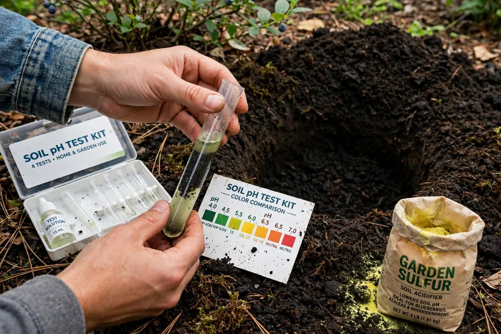 Testing soil pH beside a blueberry planting hole, with garden sulfur ready