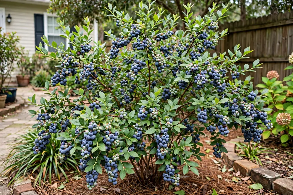 Brightwell rabbiteye blueberry bush heavy with ripe berries