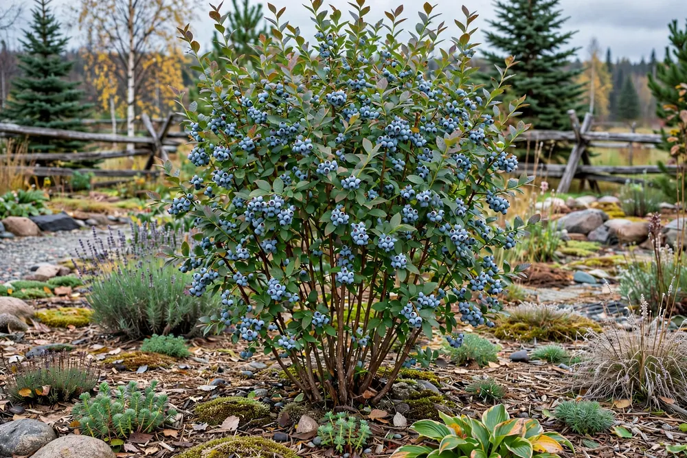 Chippewa half-high blueberry bush with light-blue berries in a northern garden