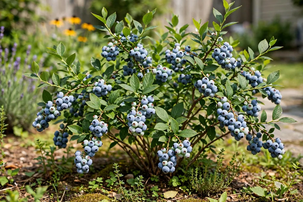 Duke blueberry bush laden with clusters of ripe light-blue berries in a sunny garden
