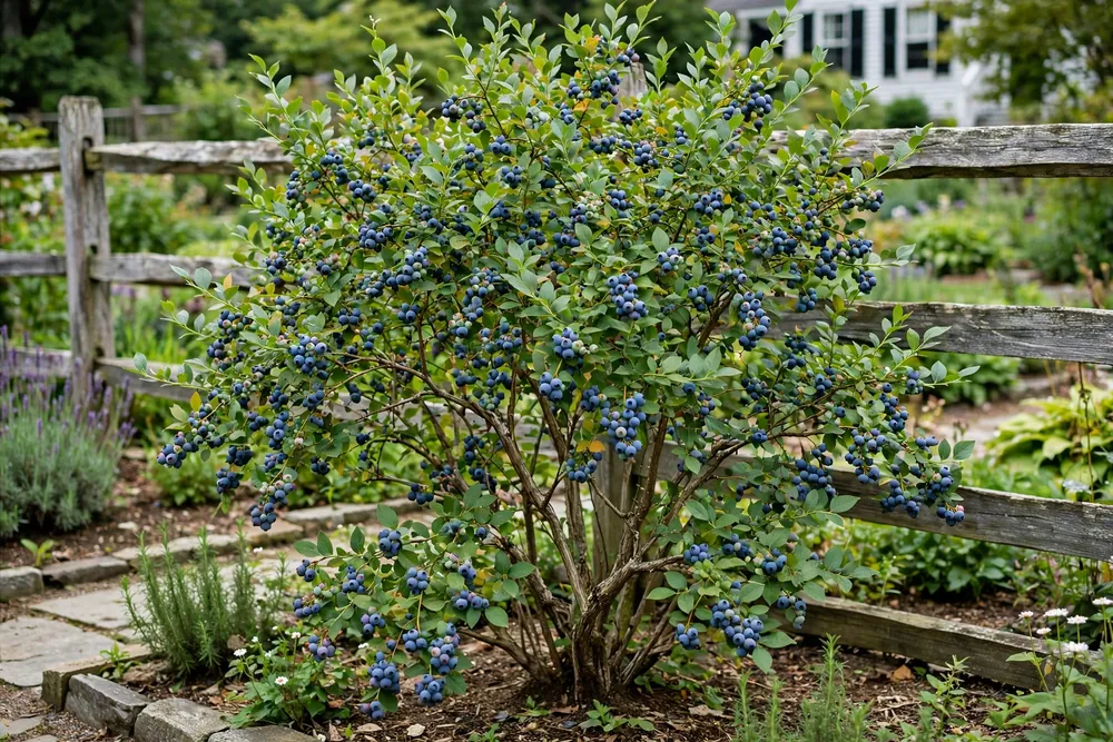 Tall Jersey blueberry bush with ripe berries beside a wooden garden fence