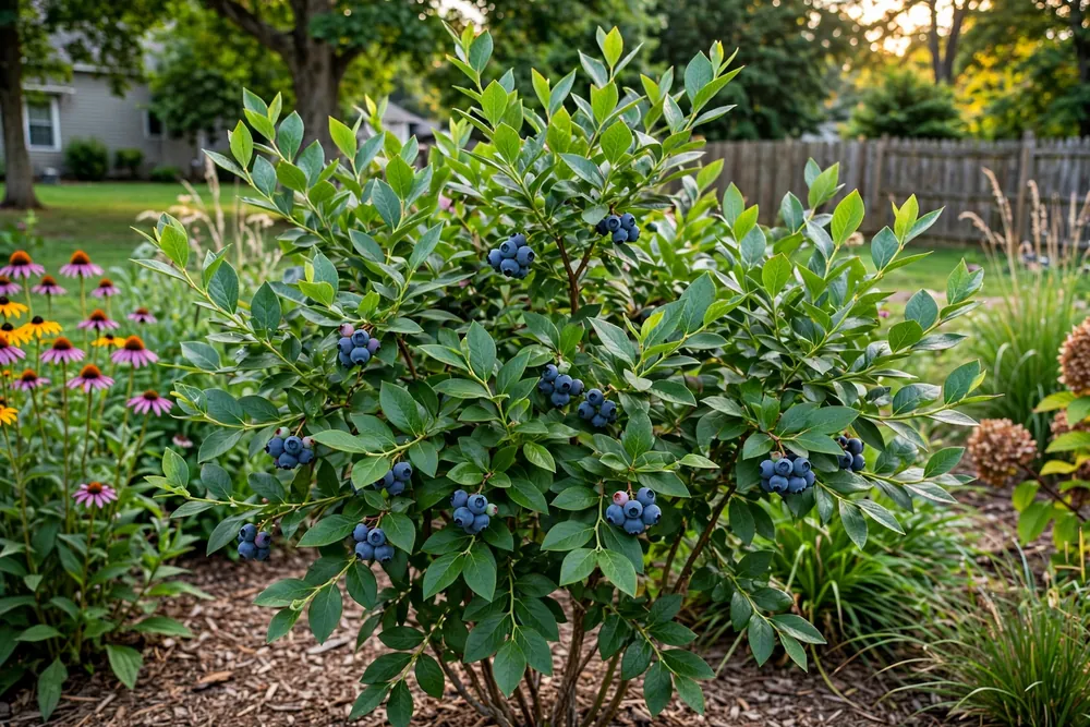 Legacy blueberry bush with ripe berries in a garden border
