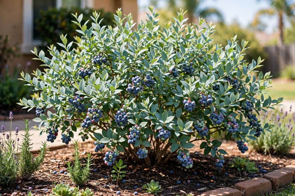 Misty southern highbush blueberry bush with blue-green foliage and ripe berries