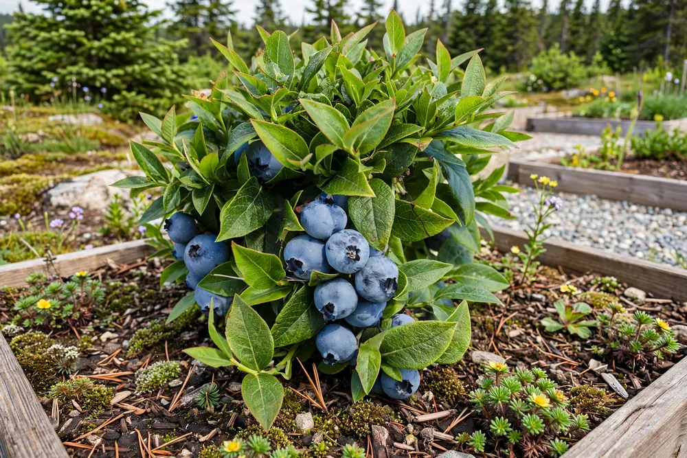 Compact Northblue half-high blueberry bush with large berries in a raised bed