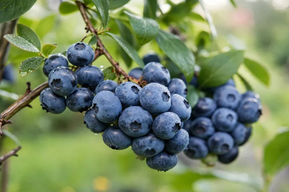 Close-up of a branch of O'Neal blueberries, large and ripe