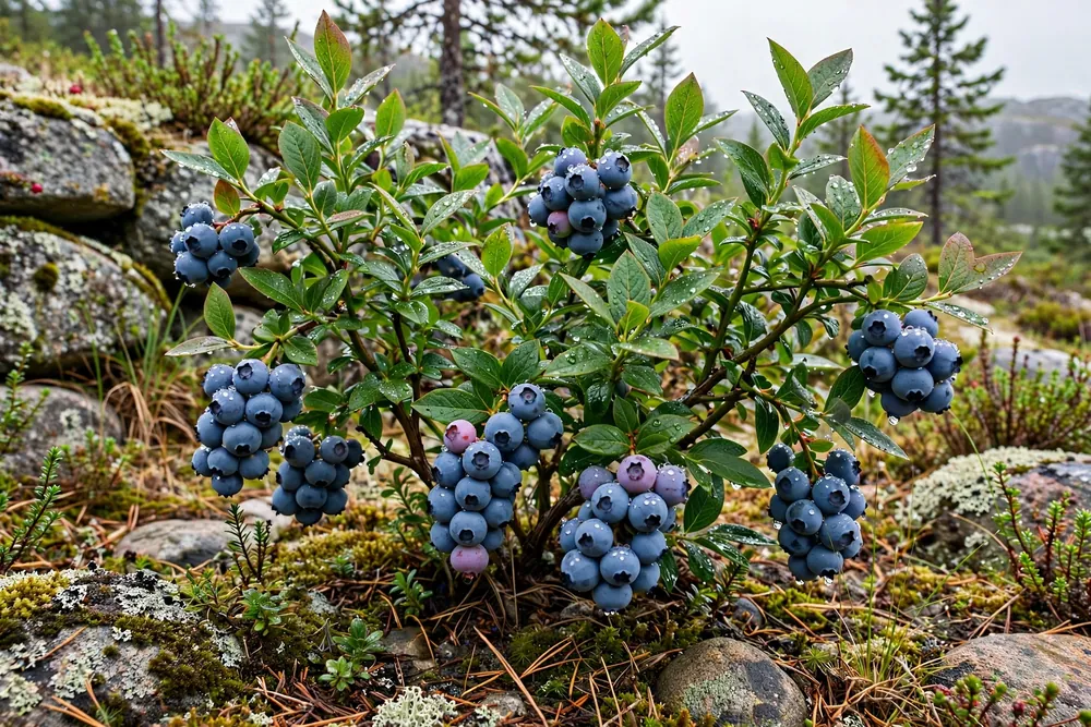 Patriot blueberry bush with heavy clusters of large ripe berries