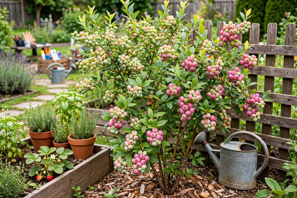 Pink Lemonade blueberry bush with berries ripening to pink