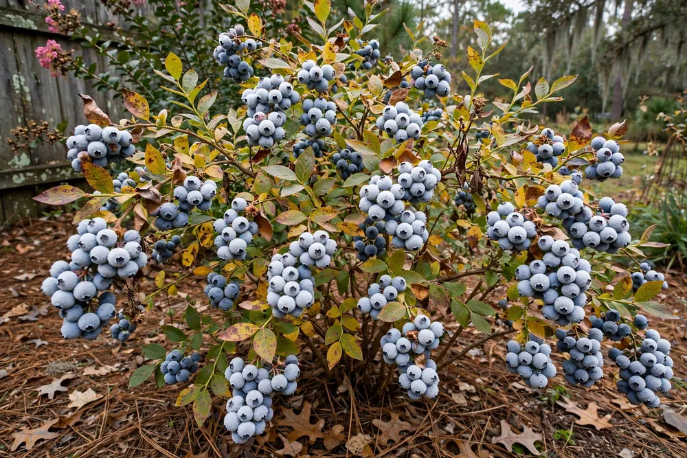 Powderblue rabbiteye berries with their heavy pale powdery bloom