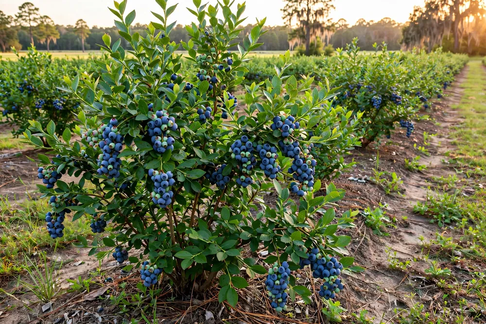 Premier rabbiteye blueberry bush at the edge of a field row in the Southeast