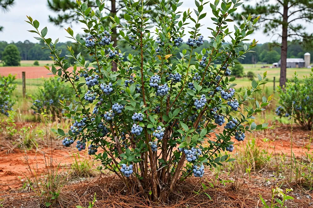 Tifblue rabbiteye blueberry bush with powdery light-blue berries in red southern soil