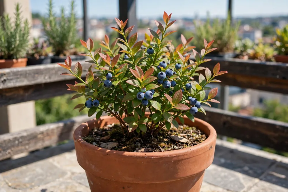 Dwarf Top Hat blueberry bush fruiting in a terracotta pot on a balcony