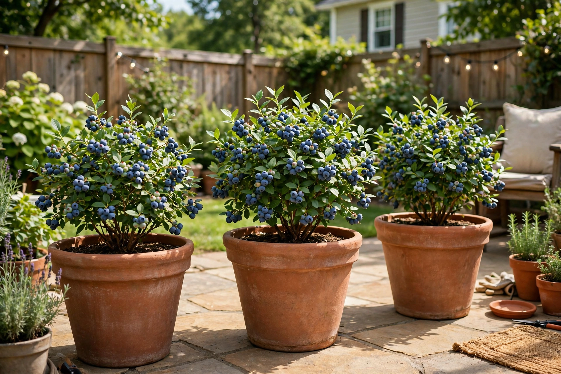 Blueberry bushes in pots on a sunny patio